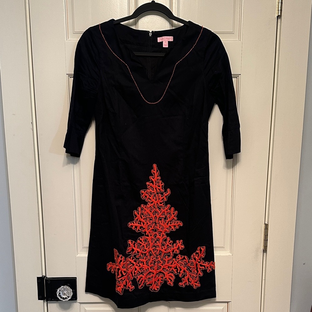 Lilly Pulitzer Elegant Black Dress with Vibrant Red Embroidery